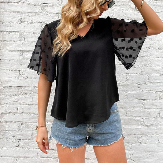 Zdenka | Women's Ruffle Detail V-Neck Sheer Elegant Blouse Top in Black