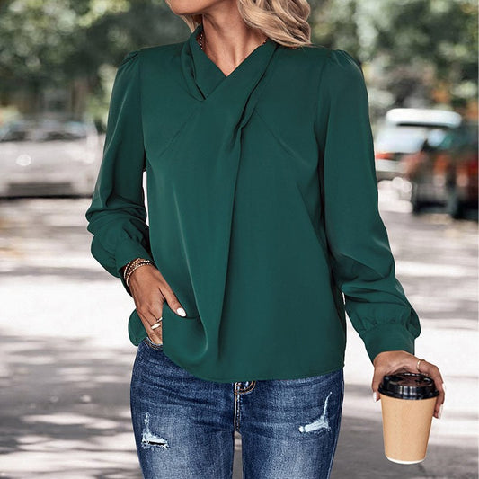 Zefira | Women's Stand Collar Voluminous Elegant Blouse Top in Pine Green