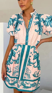 Zelie | Women's Puff Sleeve Floral Mini Sundress in Blue Green