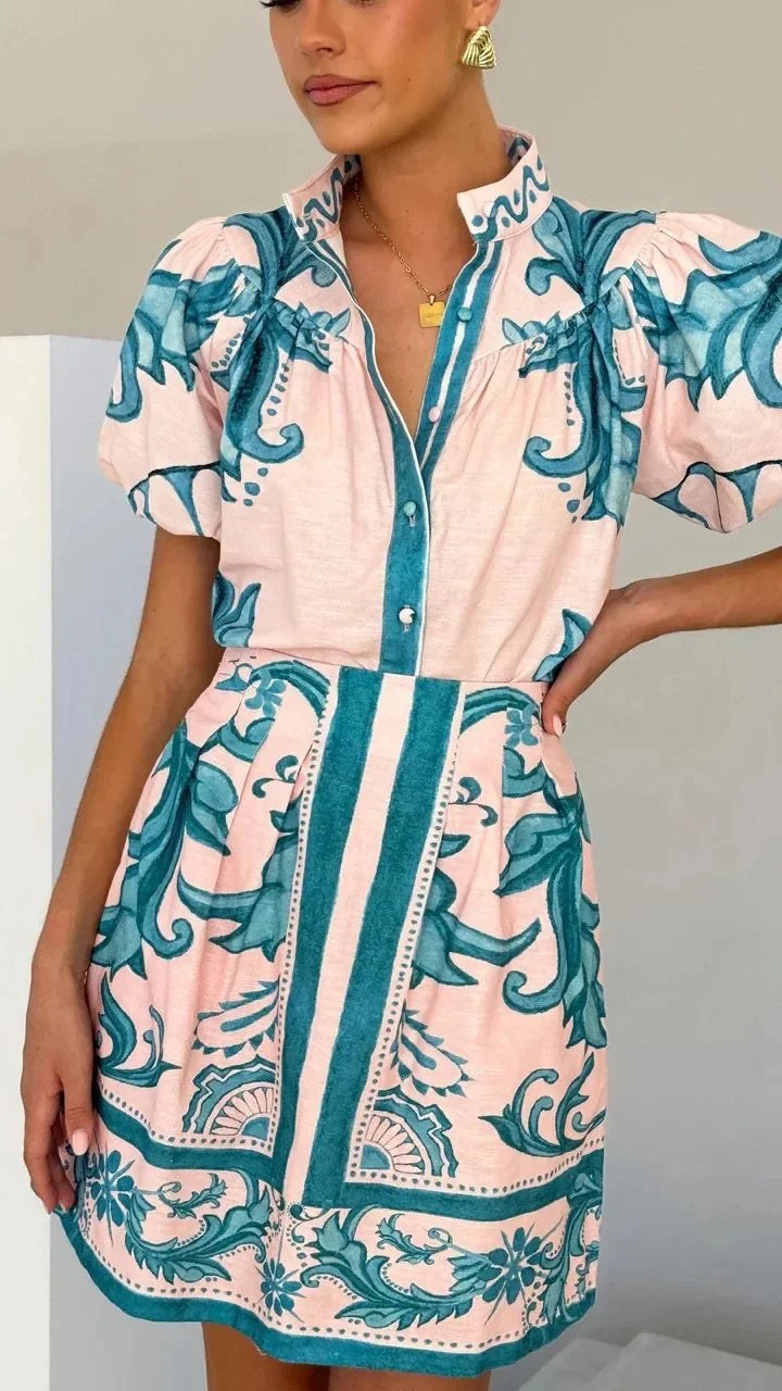 Zelie | Women's Puff Sleeve Floral Mini Sundress in Blue Green