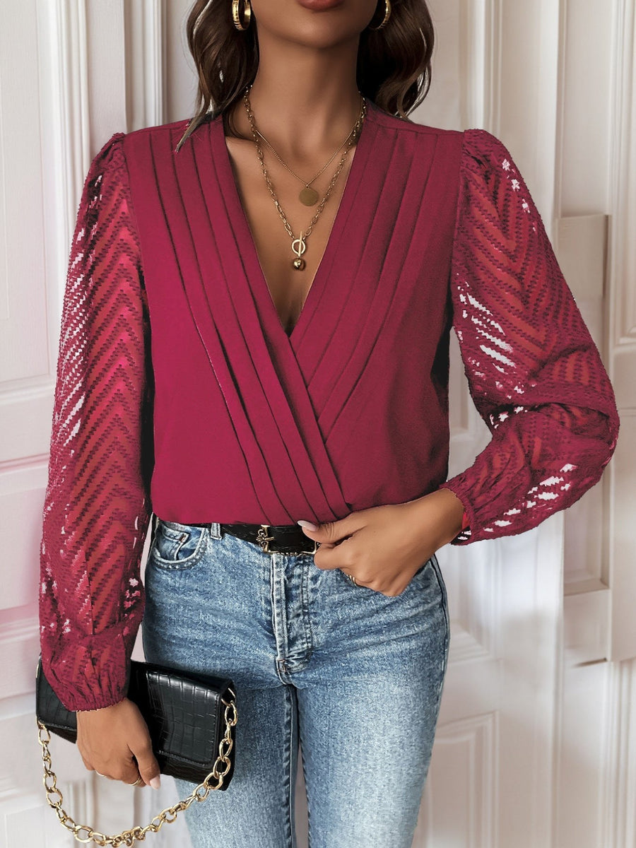 Zelinda | Women's V-Neck Voluminous Elegant Bodysuit in Wine Red