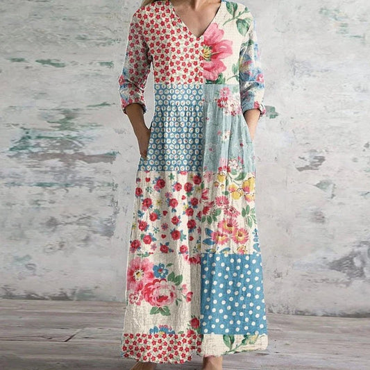 Zillah | Women's Patchwork Maxi V Neck Long Sleeve Dress in Light Blue