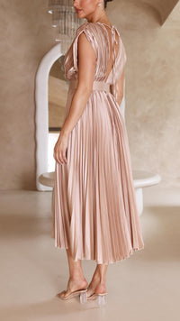 Zita | Women's Pleated Maxi V-Neck Tie Waist Dress