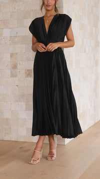 Zita | Women's Pleated Maxi V-Neck Tie Waist Dress