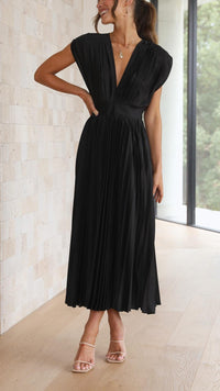 Zita | Women's Pleated Maxi V-Neck Tie Waist Dress