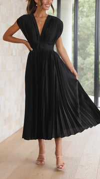 Zita | Women's Pleated Maxi V-Neck Tie Waist Dress
