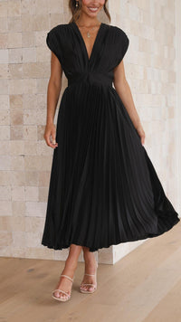 Zita | Women's Pleated Maxi V-Neck Tie Waist Dress