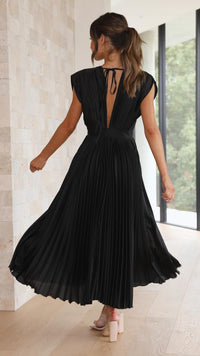 Zita | Women's Pleated Maxi V-Neck Tie Waist Dress