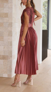 Zita | Women's Pleated Maxi V-Neck Tie Waist Dress