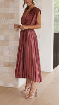 Zita | Women's Pleated Maxi V-Neck Tie Waist Dress