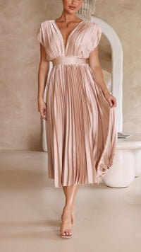 Zita | Women's Pleated Maxi V-Neck Tie Waist Dress