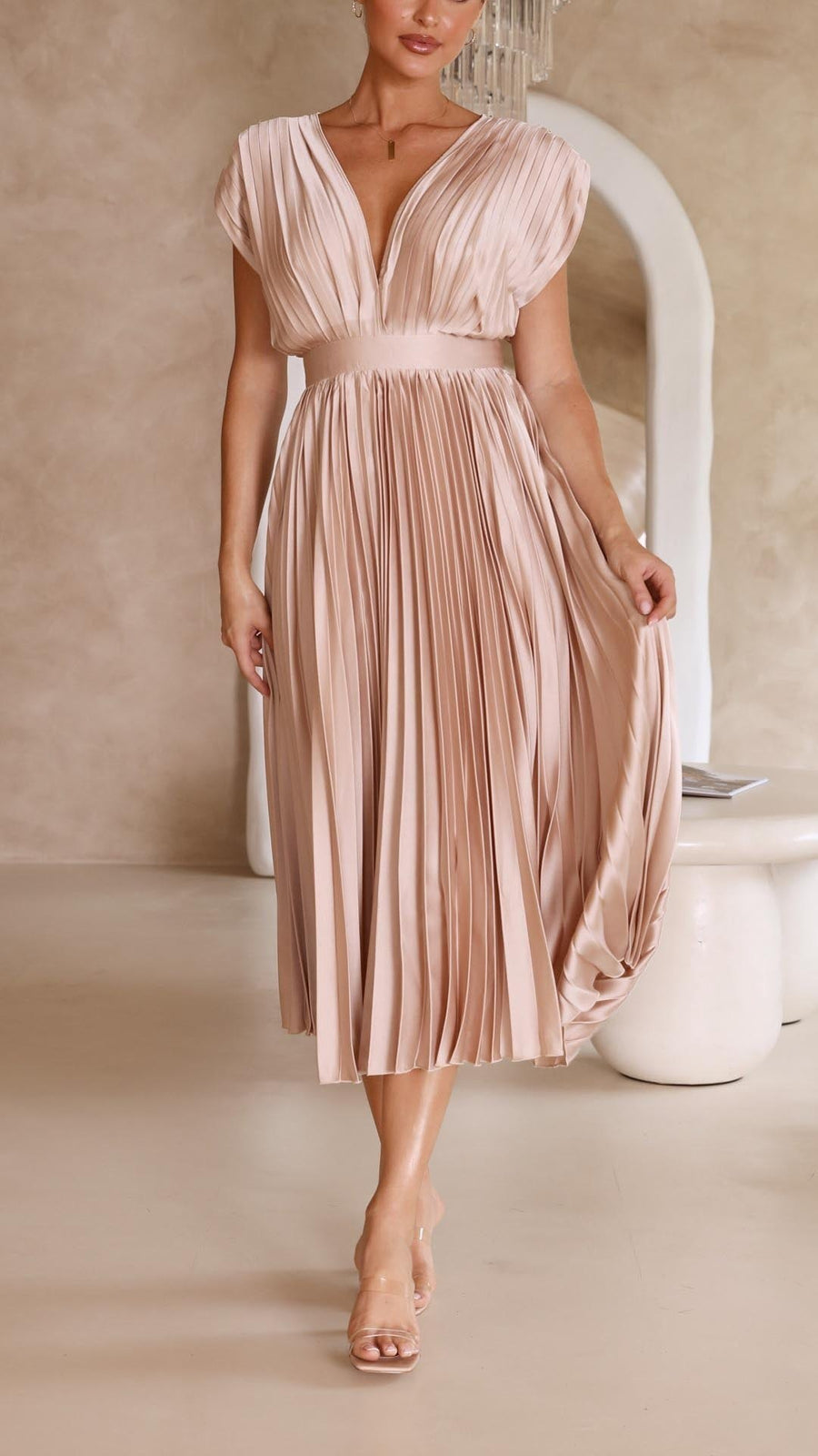 Zita | Women's Pleated Maxi V-Neck Tie Waist Dress