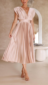 Zita | Women's Pleated Maxi V-Neck Tie Waist Dress