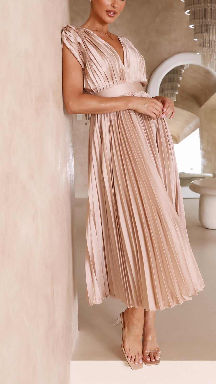 Zita | Women's Pleated Maxi V-Neck Tie Waist Dress
