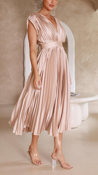 Zita | Women's Pleated Maxi V-Neck Tie Waist Dress