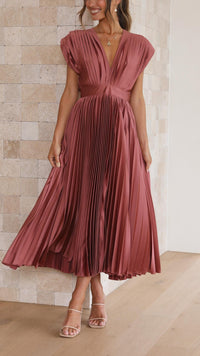 Zita | Women's Pleated Maxi V-Neck Tie Waist Dress in Pink