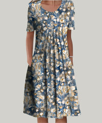 Zoe | Women's Printed Midi Short Sleeve Dress in Blue B