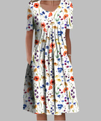 Zoe | Women's Printed Midi Short Sleeve Dress in White A