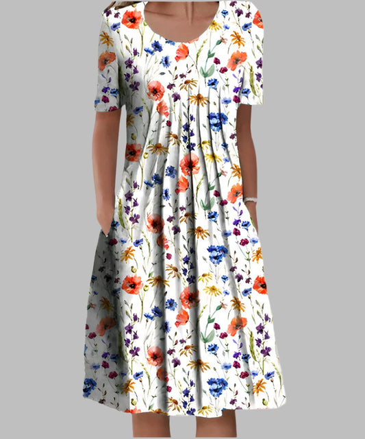 Zoe | Women's Printed Midi Short Sleeve Dress in White A