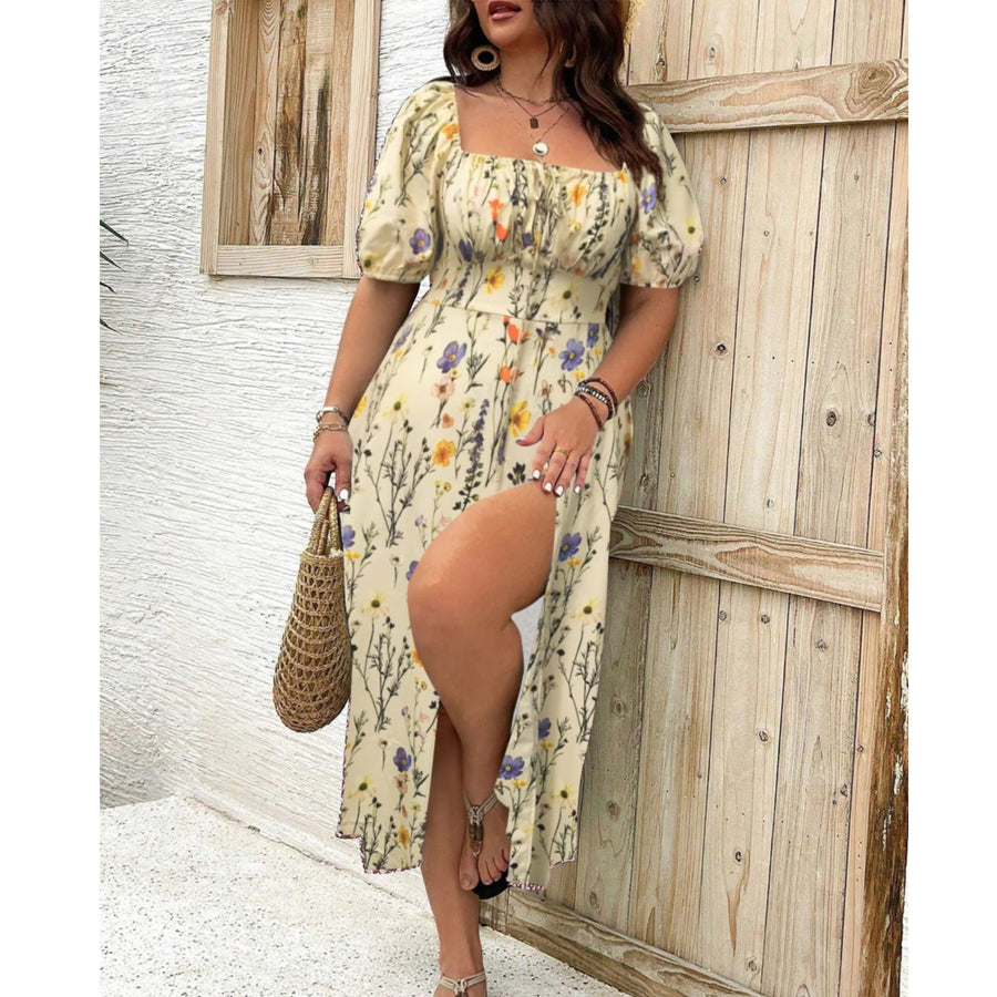 Zora | Women's Puff Sleeve Slit Midi Dress in Apricot