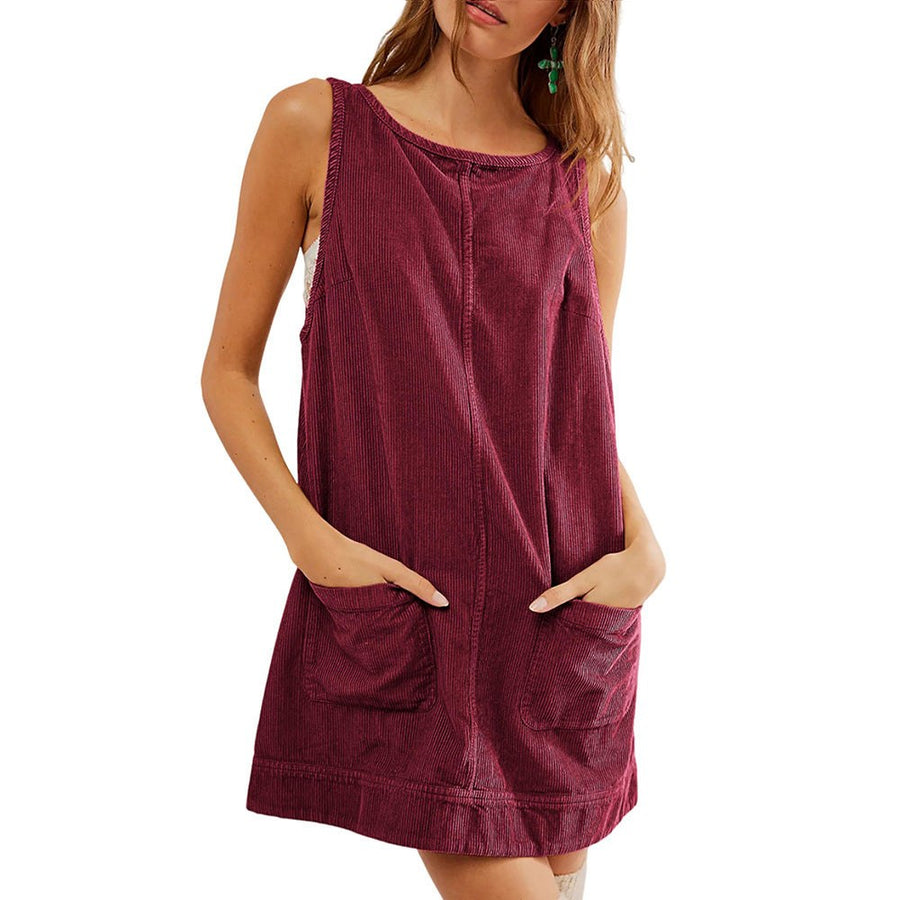 Zosia | Women's Crew Neck Pockets Casual Dress in Wine Red