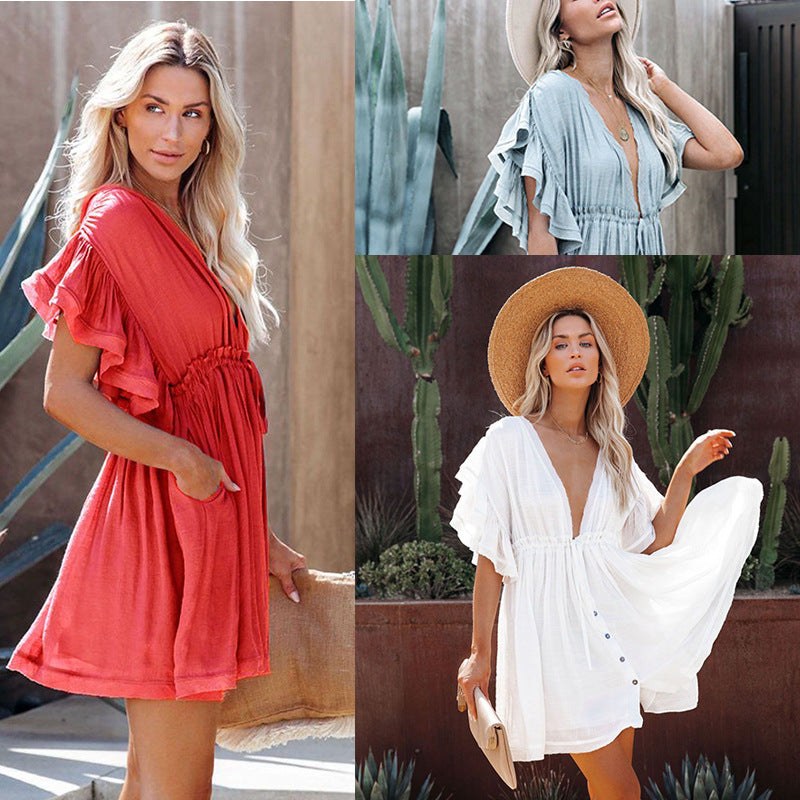 Zuleika | Women's Ruffle Detail V-Neck Tailored Casual Dress