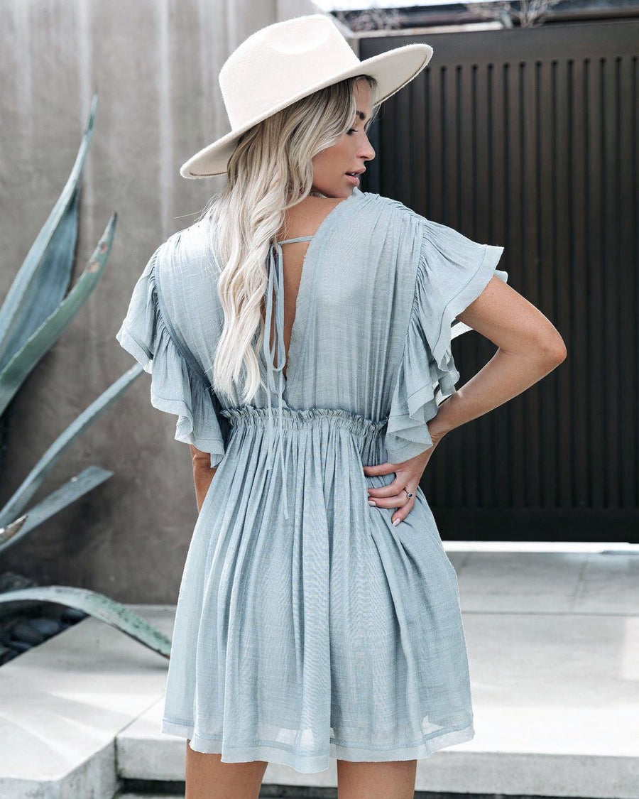 Zuleika | Women's Ruffle Detail V-Neck Tailored Casual Dress in Blue