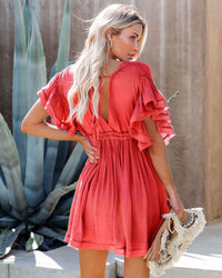 Zuleika | Women's Ruffle Detail V-Neck Tailored Casual Dress in Red