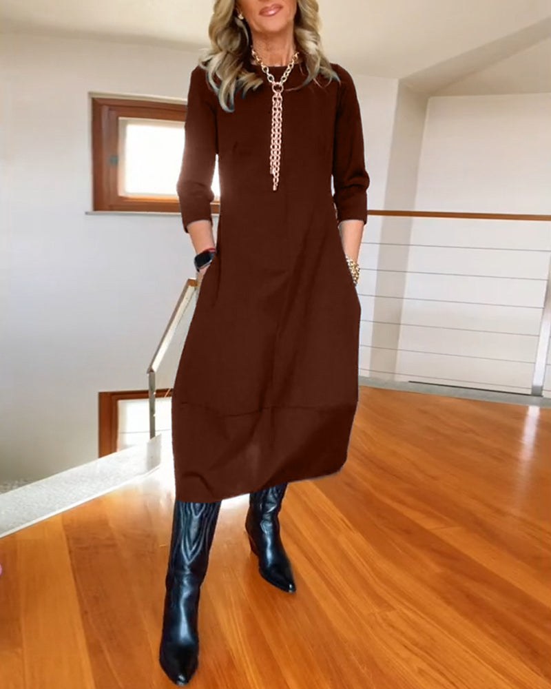 Zuleika | Women's Round Neck Midi Dress in Brown