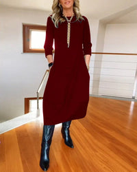 Zuleika | Women's Round Neck Midi Dress in Burgundy