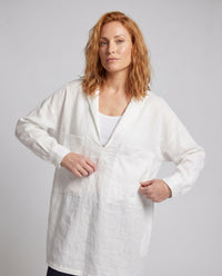Avery Casual Linen Blouse with Button Front and Pockets