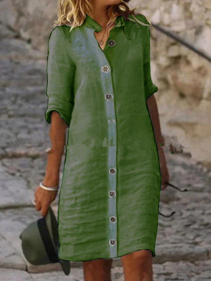 Avery Linen Shirt Dress with Button Front in Green