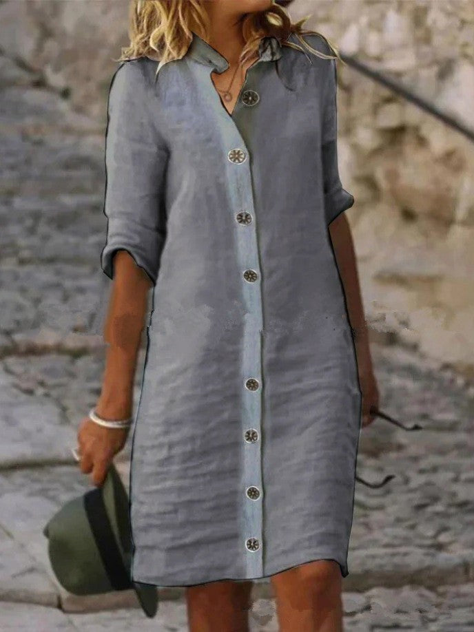 Avery Linen Shirt Dress with Button Front in Grey