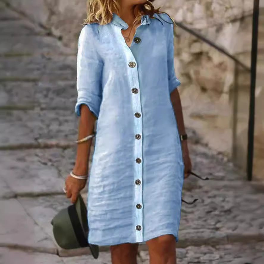Avery Linen Shirt Dress with Button Front in Pink