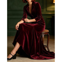 Vintage Velvet Lapel Maxi Dress Women 3 4 Sleeve Button Detail Flared Long Dress