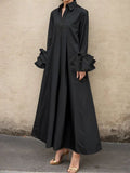 V-Neck Pleated Flared Sleeve Maxi Shirt Dress