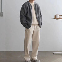 Men's Long Sleeve Crew Neck Zip-Up Ribbed Knit Cardigan with Pockets