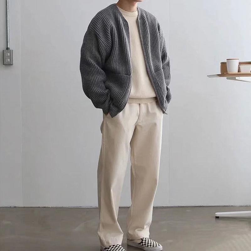 Men's Long Sleeve Crew Neck Zip-Up Ribbed Knit Cardigan with Pockets