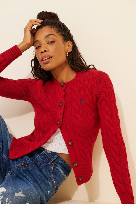 Wool Blend Cable Knit Cardigan Sweater