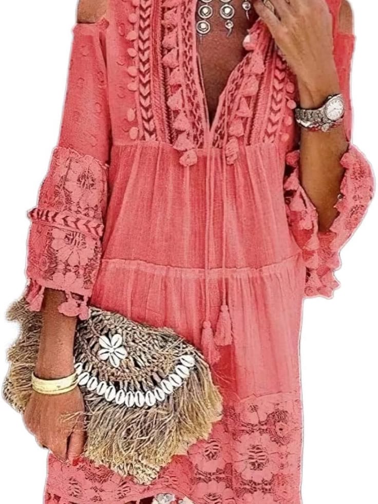 Boho Coral Crochet-Detail Cold-Shoulder Dress