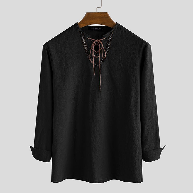Bastiaan Linen Shirt with Lace-Up in Brown