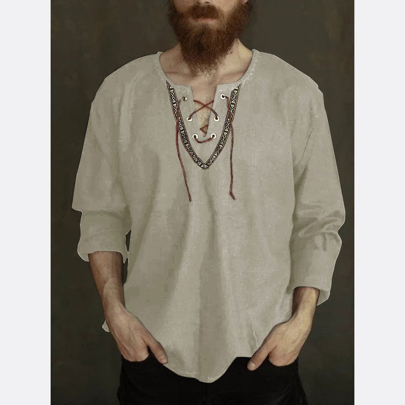 Bastiaan Linen Shirt with Lace-Up in Brown