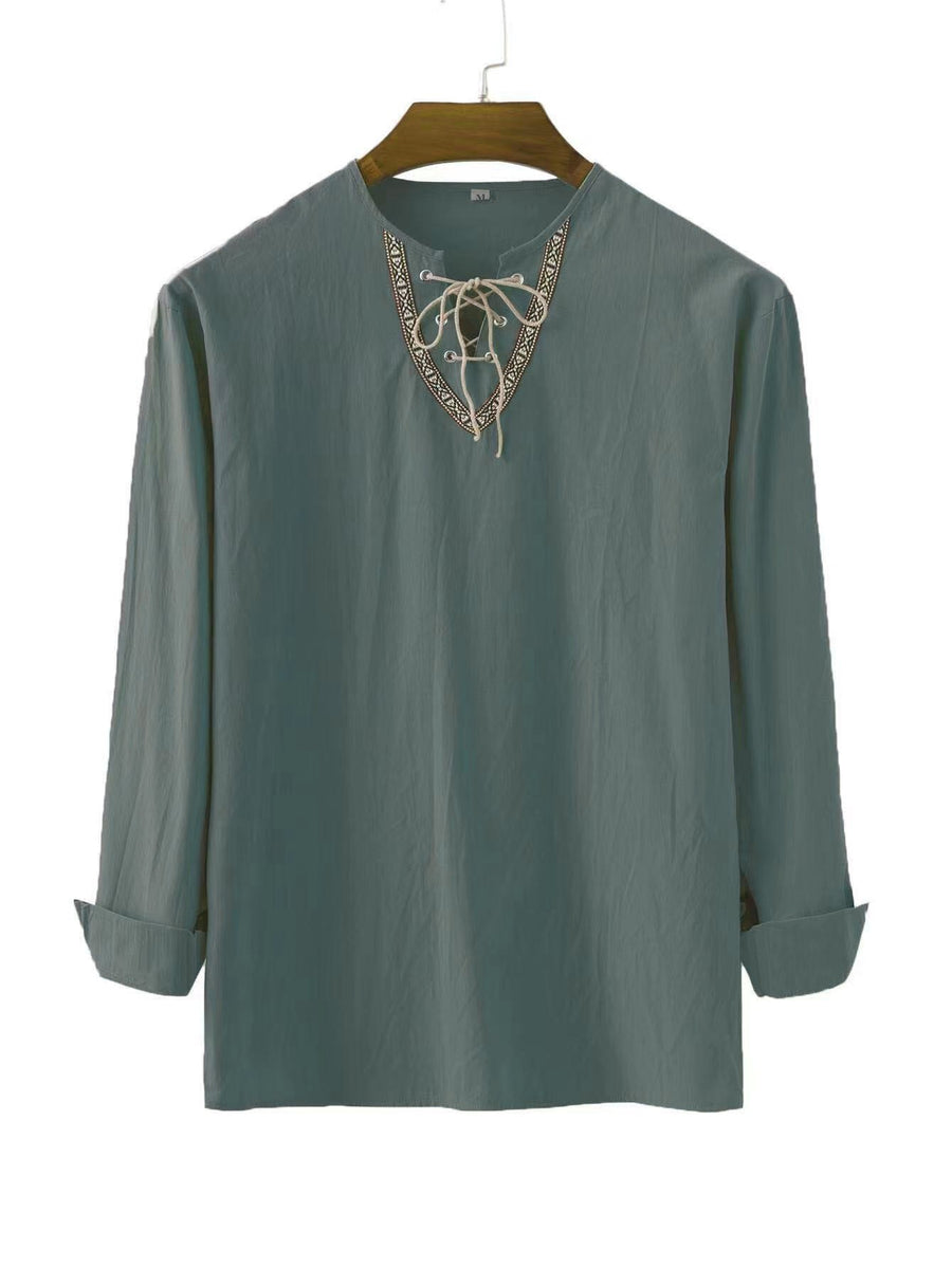 Bastiaan Linen Shirt with Lace-Up in Green