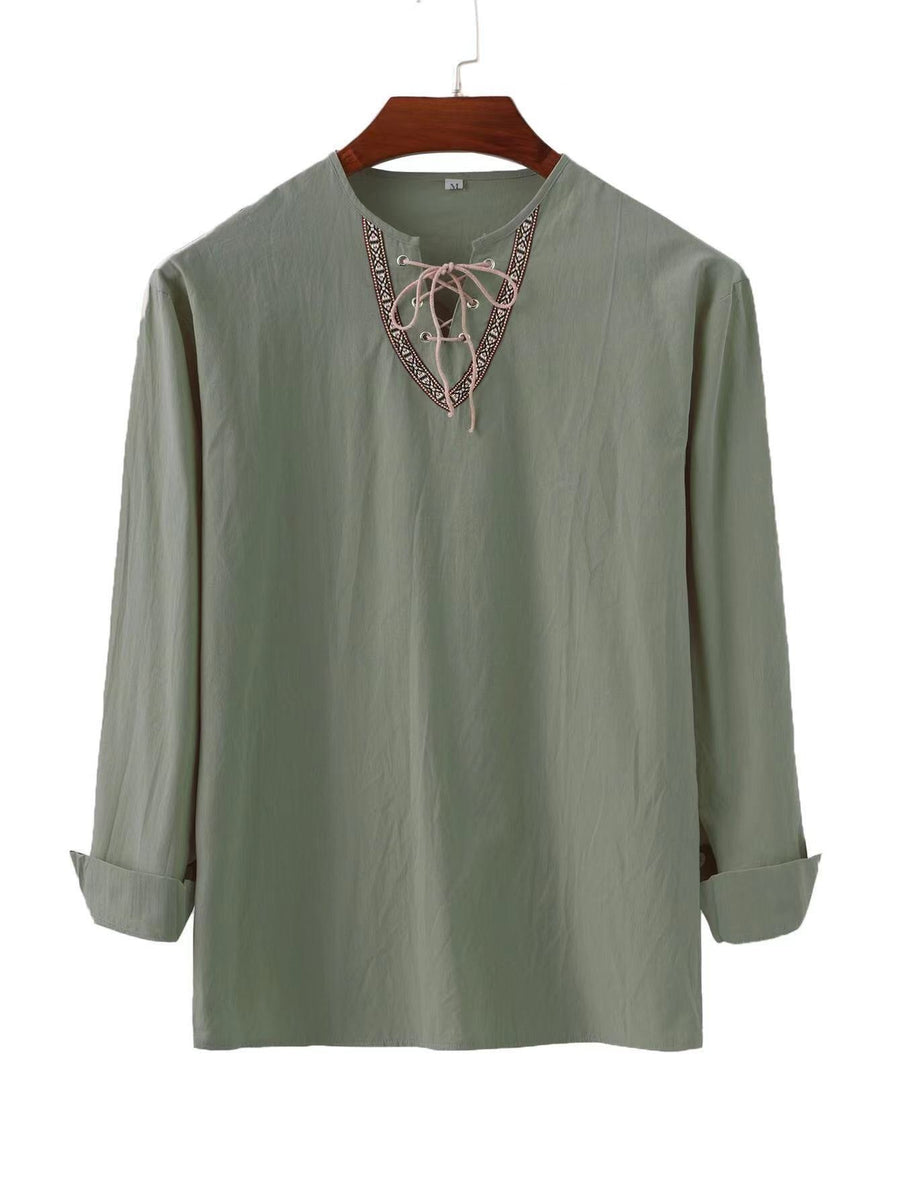 Bastiaan Linen Shirt with Lace-Up in Olive