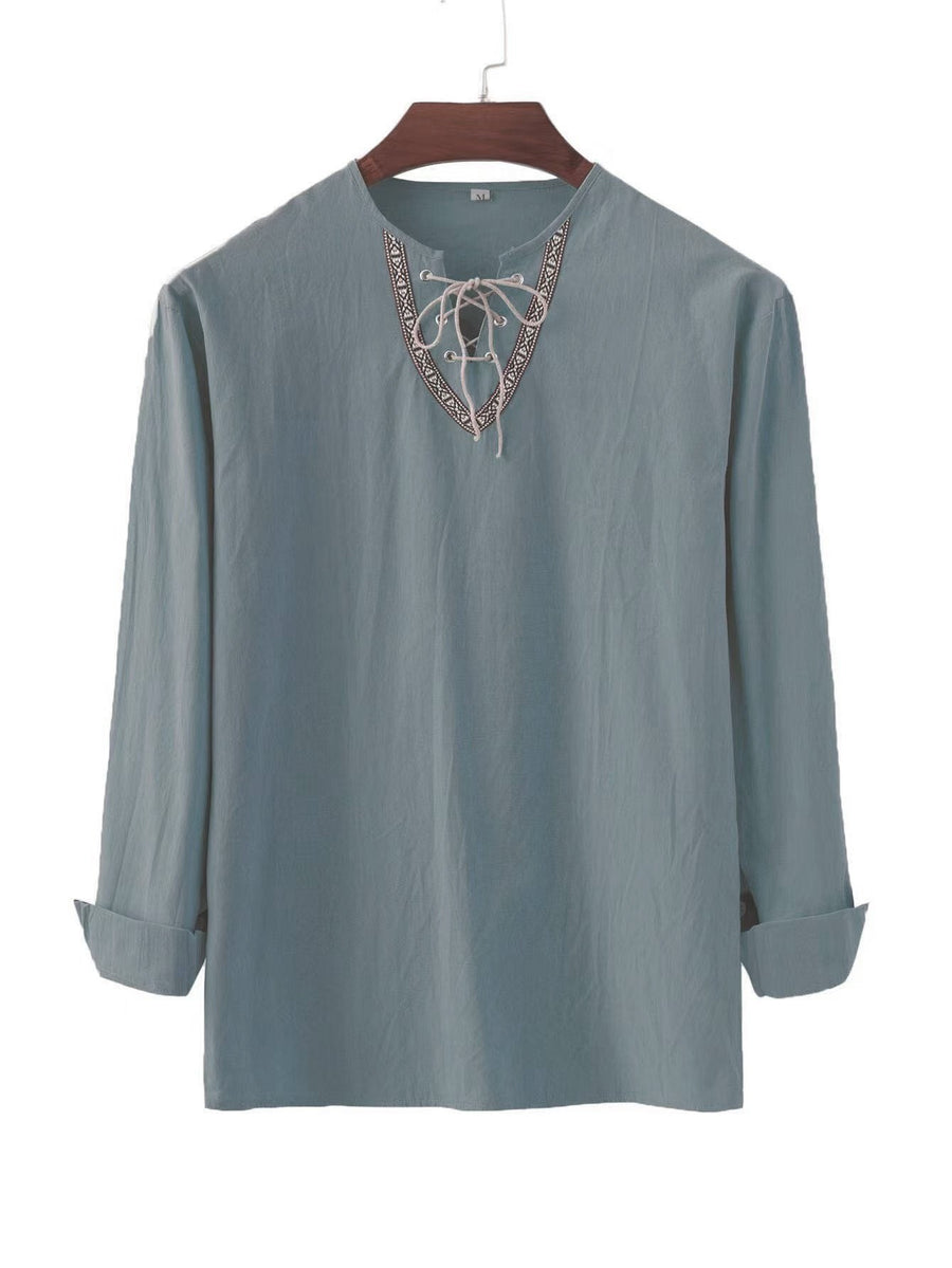 Bastiaan Linen Shirt with Lace-Up in Turquoise