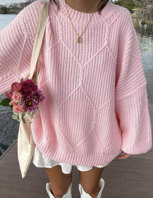 Woman’s Oversized Pink Cable Net Sweater Medium