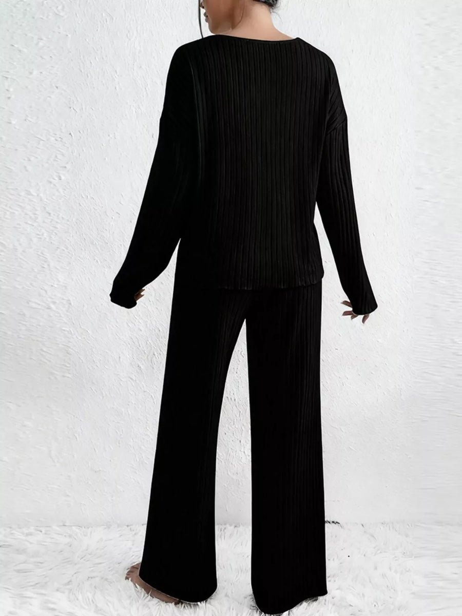 Ribbed Knit V Neck Top and Pants Set