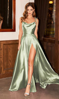 Cowl-Neck Long Satin Prom Dress: Ladivine BD104 - Sage / XSmall