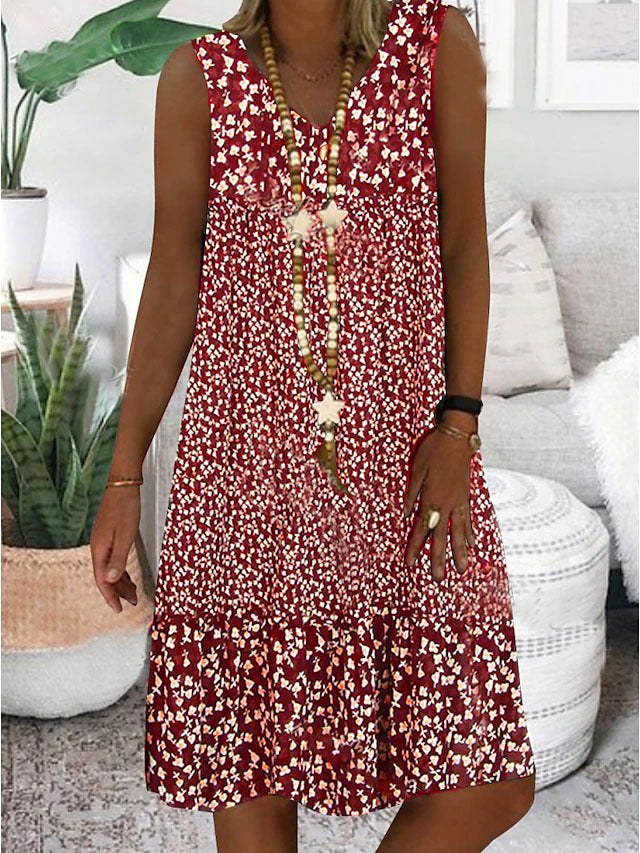Beatrice Airy Dress with Floral Print in Red