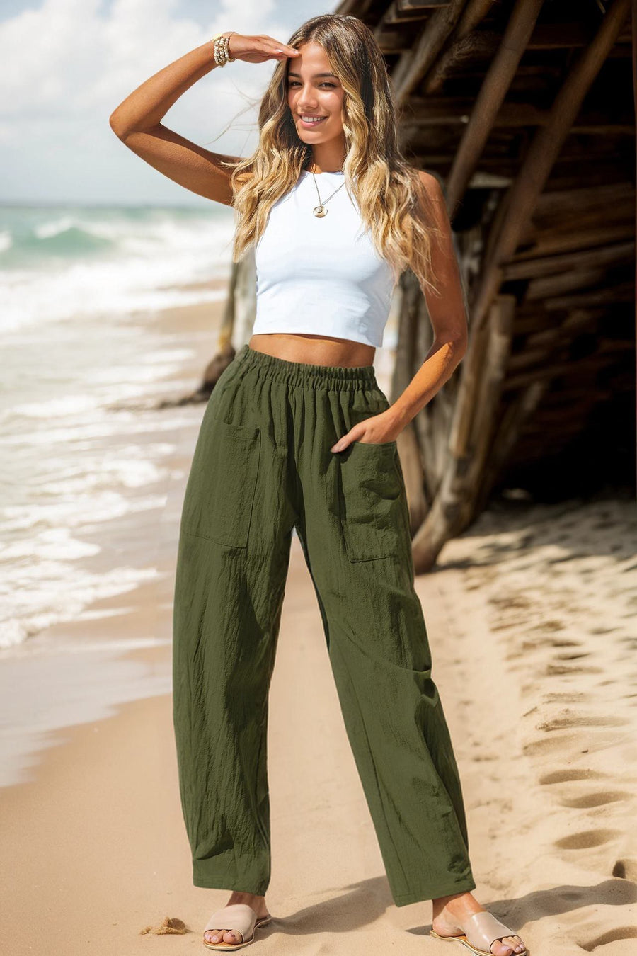 Beatrice Casual Linen Trousers with Pockets in Olive Green